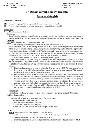 Première page de Anglais 3e — 1er devoir surveillé, 1er semestre (2018-2019) · CEG du Lac