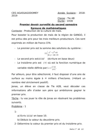 Première page de Mathématiques 2nde A & B, 2nde D, 1ère A, 1ère B, 1ère C, 1ère D, Tle B, Tle C, Tle D — 1er devoir surveillé, 2e semestre (2018-2019) · CEG Agassa Godomey