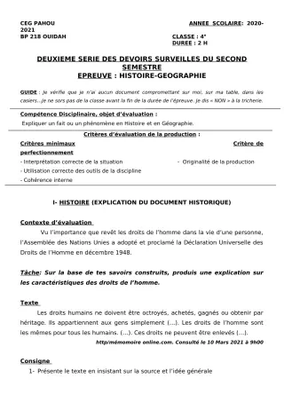 Première page de Histoire-Géographie 4e — 2e devoir surveillé, 2e semestre (2020-2021) · CEG PAHOU