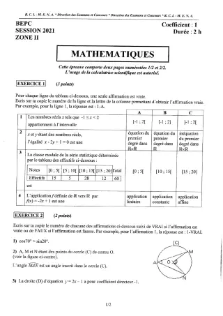 Première page de Épreuve BEPC 2021 mathématiques zone-2 Côte d’Ivoire