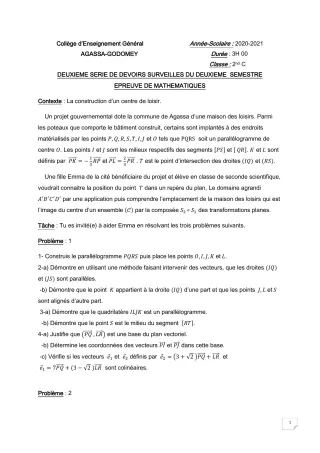 Première page de Mathématiques 2nde C — 2e devoir surveillé, 2e semestre (2020-2021) · CEG Agassa Godomey