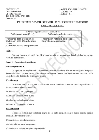 Première page de SVT Tle D — 2e devoir surveillé, 1er semestre (2020-2021) · CEG FIYEGNON