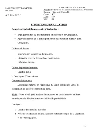Première page de Histoire-Géographie 4e, 4e ML&MC — 1re évaluation sommative, 2e semestre (2018-2019) · Lycée Houegbadja d'Abomey (Ex Mafory Bangoura)