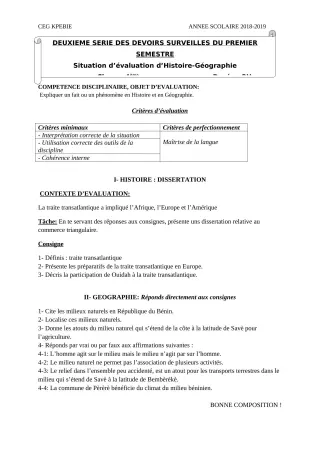 Première page de Histoire-Géographie 4e — 2e devoir surveillé, 1er semestre (2018-2019) · CEG Kpébié