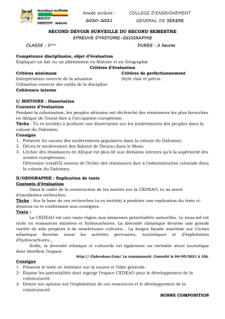 Première page de Histoire-Géographie 3e, 3e ML — 2e devoir surveillé, 2e semestre (2020-2021) · CEG SEKERE