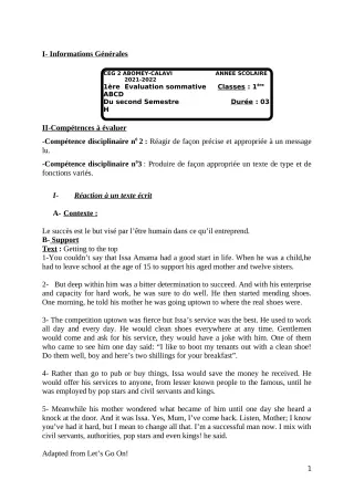 Première page de Anglais 1ère A1 — 1re évaluation sommative, 2e semestre (2021-2022) · CEG2 ABOMEY - CALAVI (CEG ZOCA)