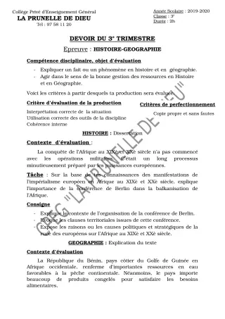 Première page de Histoire-Géographie 3e, 3e ML — Devoir surveillé, 3e trimestre (2019-2020) · CEPG La Prunelle de Dieu