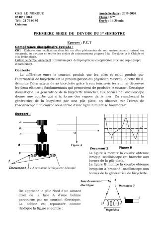 Première page de PCT 5e — 1er devoir surveillé, 1er semestre (2019-2020) · CEG LE NOKOUE