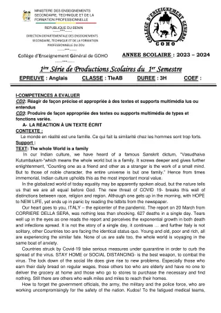 Première page de Anglais Tle A & B — 1re production scolaire, 1er semestre (2023-2024) · CEG GOHO