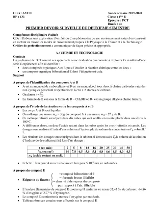 Première page de PCT 6e, 5e, 4e, 3e, 2nde D, 1ère D — 1er devoir surveillé, 2e semestre (2019-2020) · CEG AYOU