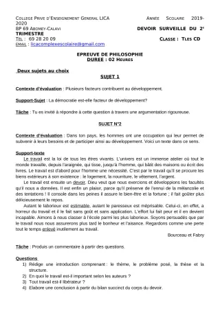 Première page de Philosophie Tle C, Tle D — Devoir surveillé, 1er trimestre (2019-2020) · CPEG LICA