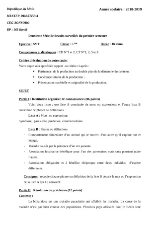 Première page de SVT 5e — 2e devoir surveillé, 1er semestre (2018-2019) · CEG SONSORO