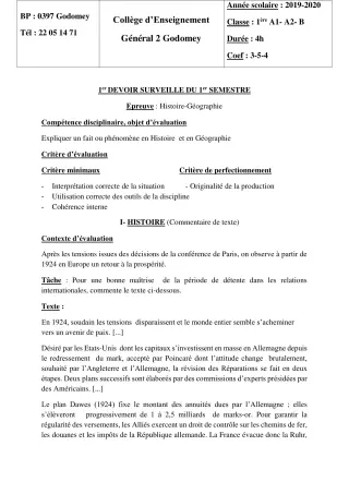 Première page de Histoire-Géographie 1ère A2, 1ère B — 1er devoir surveillé, 1er semestre (2019-2020) · CEG2 Godomey