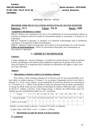 Première page de PCT Tle D — 1re évaluation sommative, 2e semestre (2019-2020) · CEG Dantokpa