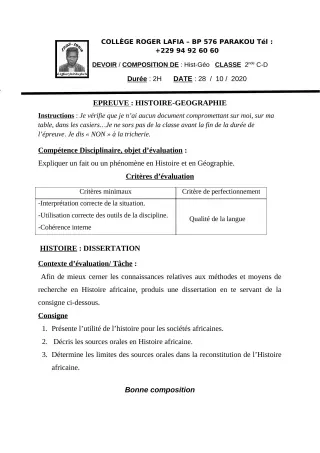 Première page de Histoire-Géographie 2nde C, 2nde D — Composition (2020-2021) · CPEG Roger LAFIA
