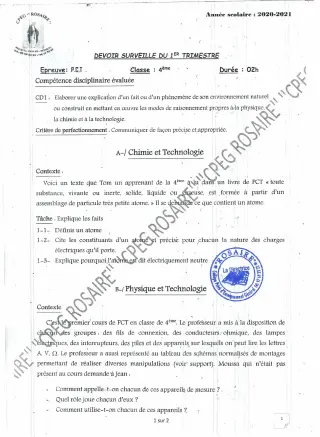 Première page de PCT 4e — 1er devoir surveillé (2020-2021) · CPEG ROSAIRE