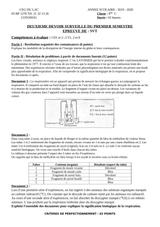 Première page de SVT 1ère C — 2e devoir surveillé, 1er semestre (2019-2020) · CEG du Lac