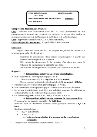 Première page de PCT 5e — 2e évaluation sommative, 2e semestre (2022-2023) · CEG2 ABOMEY - CALAVI (CEG ZOCA)