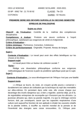 Première page de Philosophie Tle B, Tle C, Tle D — 1er devoir surveillé, 2e semestre (2020-2021) · CEG LE NOKOUE