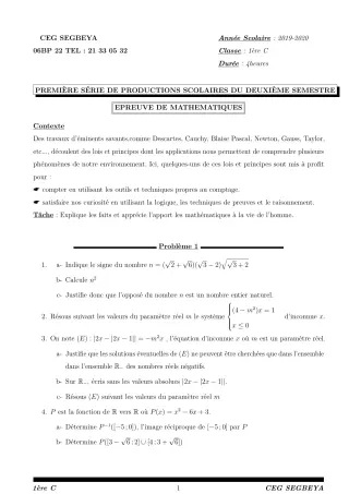 Première page de Mathématiques 1ère C — 1re production scolaire, 2e semestre (2019-2020) · CEG SEGBEYA