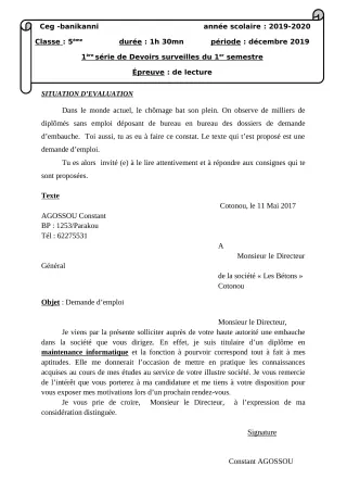Première page de Français 5e, 3e, 3e ML, 1ère A2, 1ère B, 1ère C, 1ère D — 1er devoir surveillé, 1er semestre (2019-2020) · CEG Banikanni