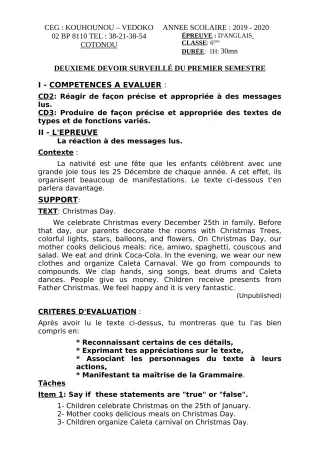 Première page de Anglais 6e — 2e devoir surveillé, 1er semestre (2019-2020) · CEG Kouhounou-Vêdoko