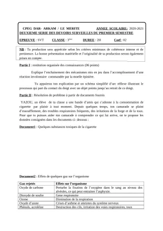 Première page de SVT 3e, 3e ML — 2e devoir surveillé, 1er semestre (2020-2021) · CPEG Le Mérite