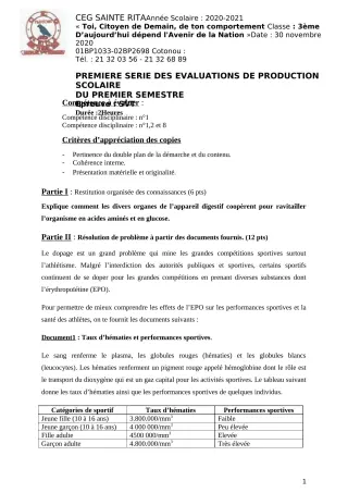 Première page de SVT 3e, 3e ML — Production scolaire, 1er semestre (2020-2021) · CEG Sainte Rita