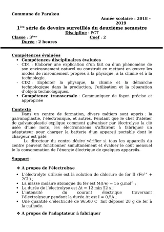 Première page de PCT 3e — 1er devoir surveillé, 2e semestre (2018-2019) · CEG Albarika