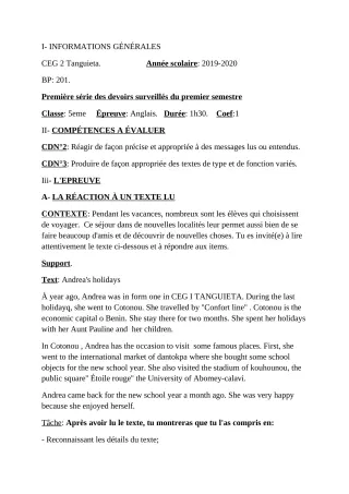 Première page de Anglais 5e — 1er devoir surveillé, 1er semestre (2019-2020) · CEG2 TANGUIETA