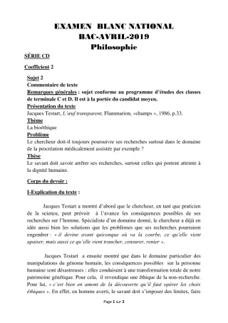 Première page de Philosophie Tle C, Tle D — Devoir surveillé (2018-2019) · CEG AGBLANGANDAN