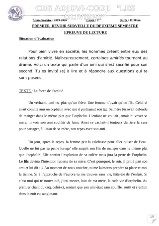 Première page de Français 6e — 1er devoir surveillé, 2e semestre (2019-2020) · CEG ADJOVICODJI 'LES OLIVIERS'