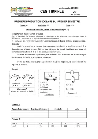 Première page de PCT 4e — 1re production scolaire, 1er semestre (2018-2019) · CEG1 Ikpinlè