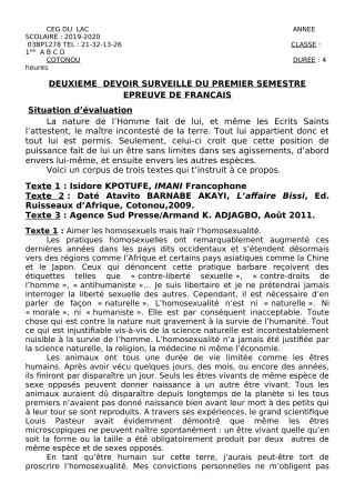 Première page de Français 1ère A2, 1ère B, 1ère C, 1ère D — 2e devoir surveillé, 1er semestre (2019-2020) · CEG du Lac