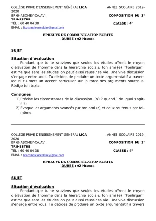 Première page de Français 4e, 4e ML — Composition, 1er trimestre (2019-2020) · CPEG LICA