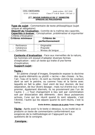 Première page de Philosophie 2nde A1, 2nde A2 — 2e devoir surveillé, 1er semestre (2018-2019) · CEG OKEDAMA