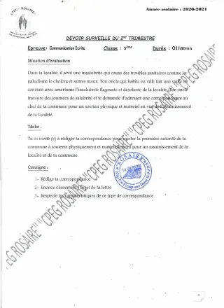 Première page de Français 5e — 1er devoir surveillé (2020-2021) · CPEG ROSAIRE