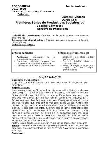 Première page de Philosophie 2nde A & B, 2nde C, 2nde D, 1ère A, 1ère B, 1ère C, 1ère D, Tle A1, Tle A2, Tle B, Tle C, Tle D — Production scolaire, 2e semestre (2019-2020) · CEG SEGBEYA