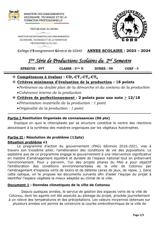 Première page de SVT 2nde D — 1re production scolaire, 2e semestre (2023-2024) · CEG GOHO