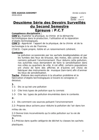 Première page de PCT 6e — 2e devoir surveillé, 2e semestre (2019-2020) · CPEG ERIOLA