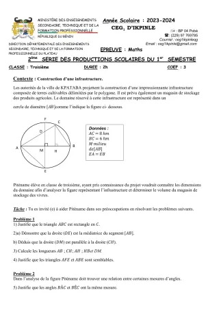 Première page de Mathématiques 3e — 2e production scolaire, 1er semestre (2023-2024) · CEG1 Ikpinlè