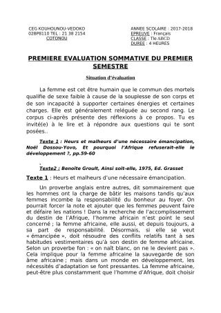 Première page de Français Tle A1, Tle A2, Tle B, Tle C, Tle D — 1re évaluation sommative, 1er semestre (2018-2019) · CEG Kouhounou-Vêdoko