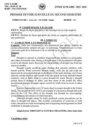 Première page de Anglais 3e — 1er devoir surveillé, 2e semestre (2023-2024) · CEG Yagbe