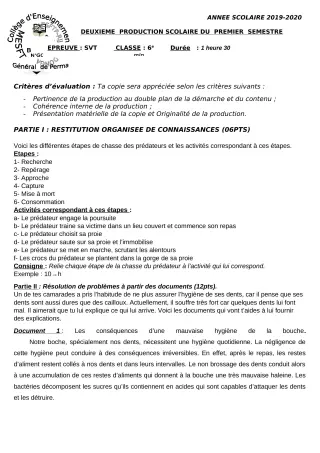 Première page de SVT 6e, 5e, 4e, 4e ML, 3e, 3e ML, 2nde A, 2nde D, 1ère A, 1ère D, Tle A, Tle D — 2e production scolaire, 1er semestre (2019-2020) · CEG Perma