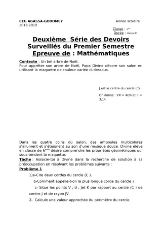 Première page de Mathématiques 6e — 2e devoir surveillé, 1er semestre (2018-2019) · CEG Agassa Godomey