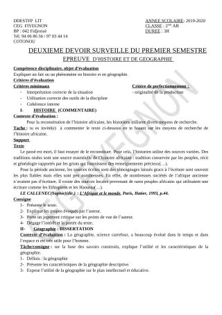 Première page de Histoire-Géographie 2nde A2, 2nde B — 2e devoir surveillé, 1er semestre (2020-2021) · CEG FIYEGNON