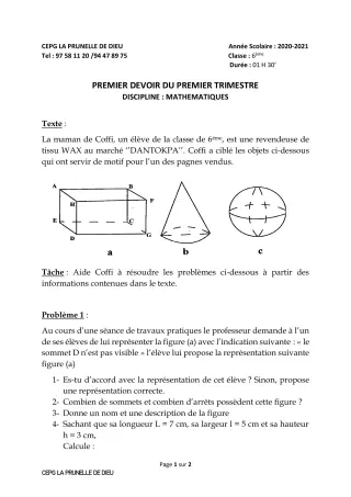 Première page de Mathématiques 6e — 1er devoir surveillé, 1er trimestre (2020-2021) · CEPG La Prunelle de Dieu