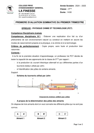 Première page de PCT 5e — 1re évaluation sommative, 1er trimestre (2024-2025) · CPEG La Finesse