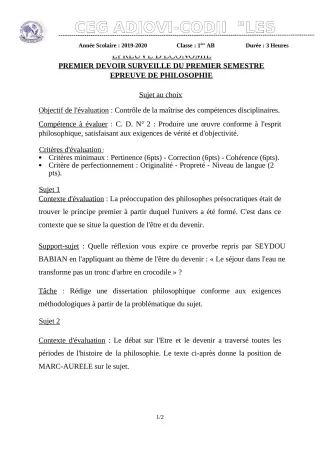 Première page de Philosophie 1ère B — 1er devoir surveillé, 1er semestre (2019-2020) · CEG ADJOVICODJI 'LES OLIVIERS'