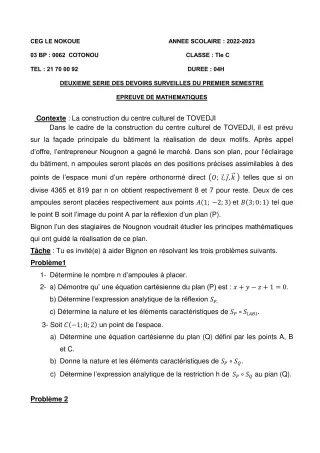 Première page de Mathématiques Tle C — 2e devoir surveillé, 1er semestre (2022-2023) · CEG LE NOKOUE